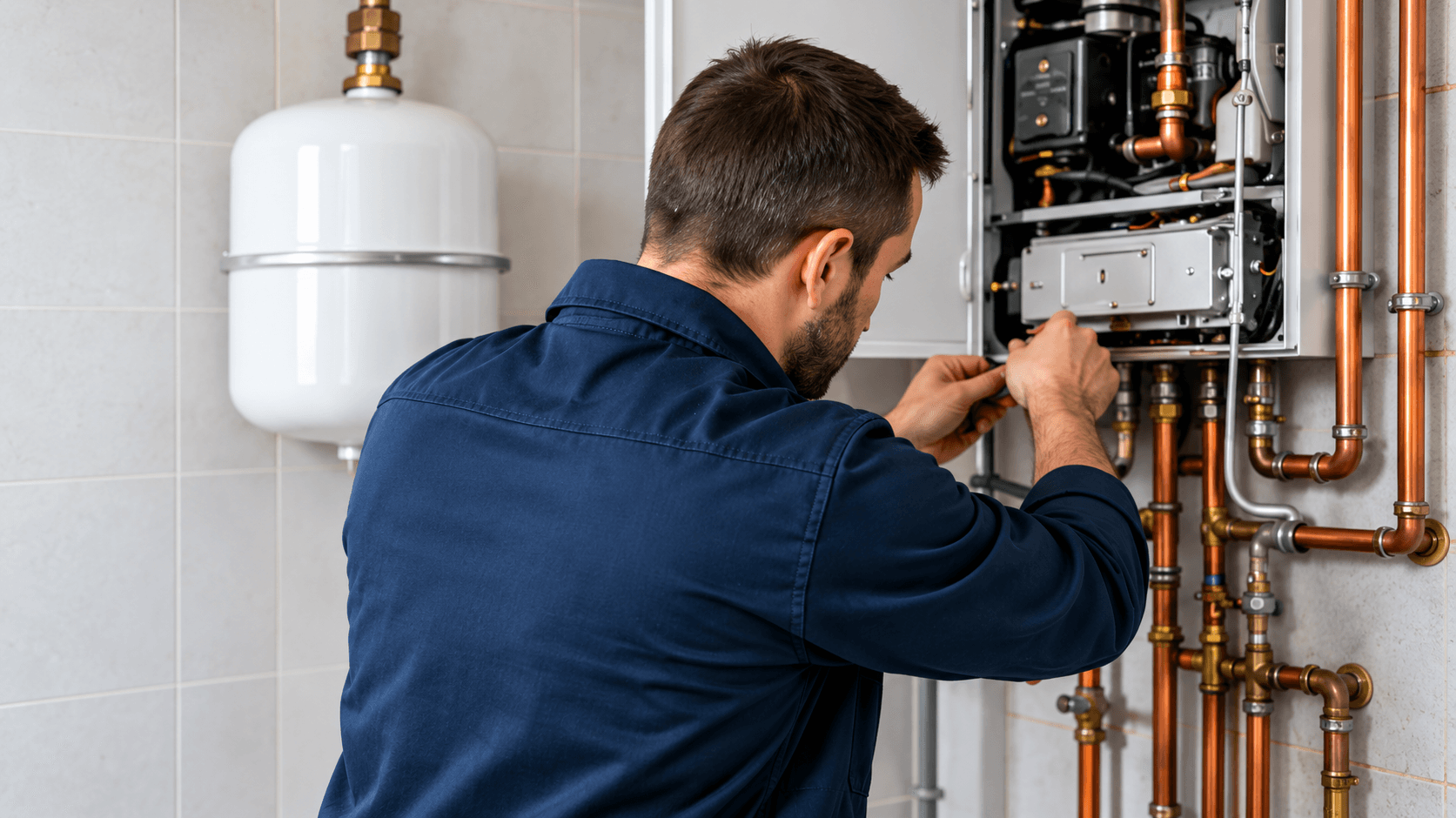 Heating engineer working on a wall-mounted boiler