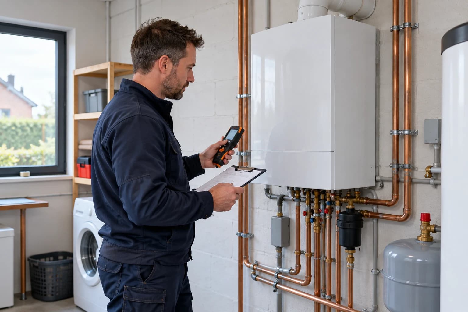 Illustration of a technician inspecting a wall-mounted boiler