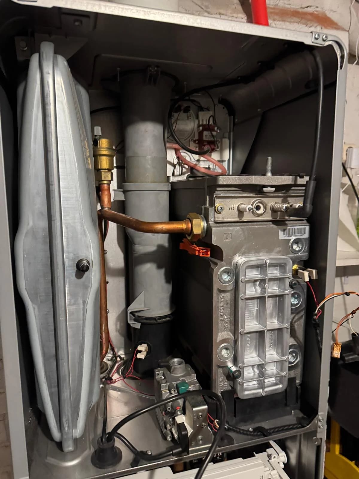 Open boiler showing internal components and connections