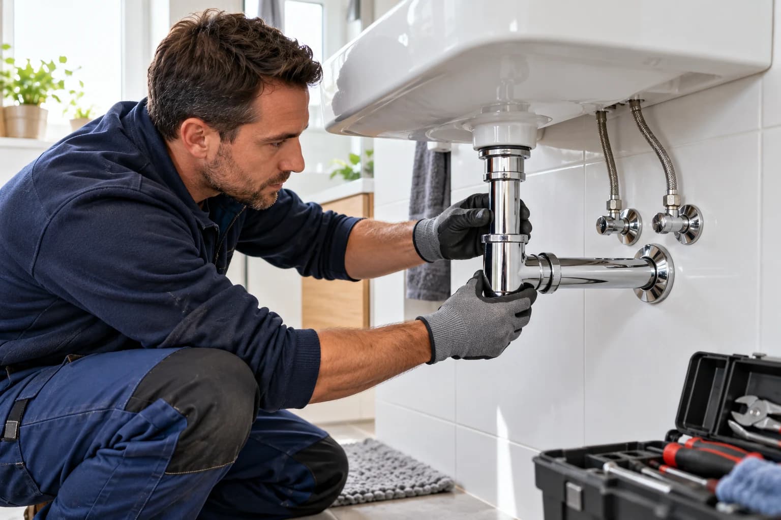 Illustration of plumbing connections being checked beneath a washbasin